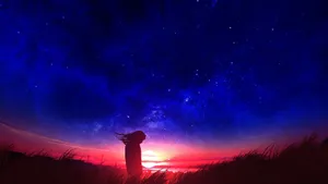 Sunset In Fields Anime Night Sky Wallpaper