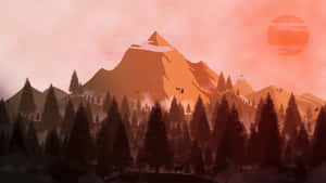 Sunset Mountain Forest Minimalist Art Wallpaper