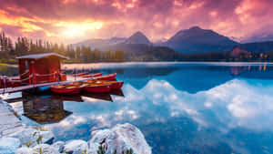 Sunset_ Mountain_ Lake_ Boathouse_4 K Wallpaper