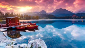 Sunset Mountain Lake Boats Wallpaper