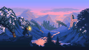Sunset Mountain Village Pixel Art Wallpaper