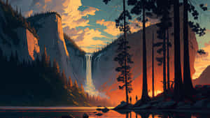 Sunset_ Mountain_ Waterfall_ Silhouette_ Artwork Wallpaper