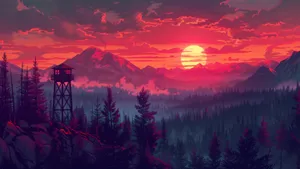 Sunset Over Cartoon Mountain Wallpaper