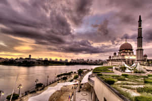 Sunset_ Over_ Riverside_ Mosque Wallpaper