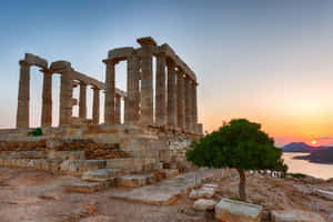 Sunset Sky At Temple Of Poseidon Wallpaper