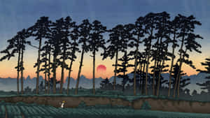 Sunset Through Pine Trees Kawase Hasui Style Wallpaper