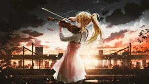 Sunset Violin Performance Anime Wallpaper