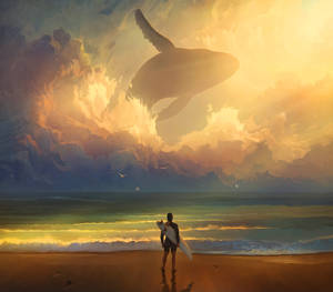 Surfer Watching Flying Whale Wallpaper