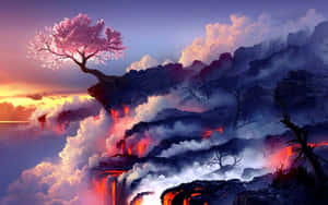 Surreal_ Cherry_ Blossom_ Above_ Fiery_ Landscape Wallpaper