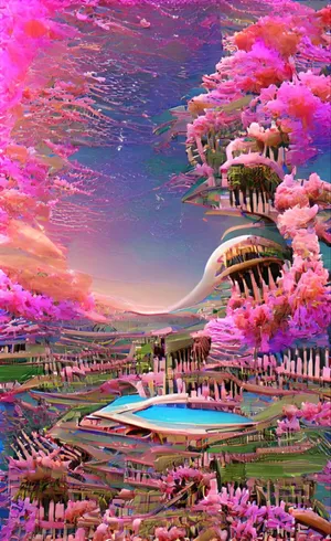 Surreal Pink Utopia Landscape Wallpaper