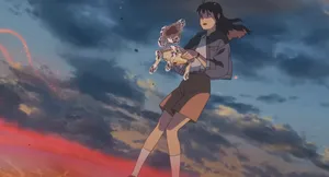 Suzume Holding Chair Against Twilight Sky Wallpaper