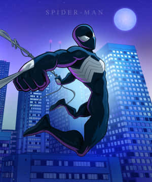 Symbiote Spider Man Swinging At Night Wallpaper