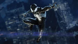 Symbiote Spider Man Swinging At Night Wallpaper