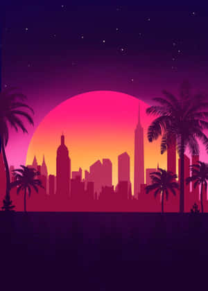 Synthwave City Palm Trees Wallpaper