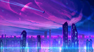 Synthwave City With Purple Sky Wallpaper