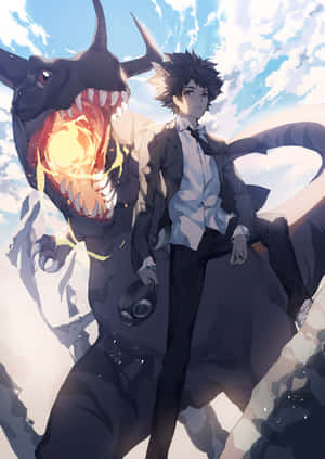 Tai Kamiya Protagonist With Greymon In A Vibrant Anime Scene Wallpaper