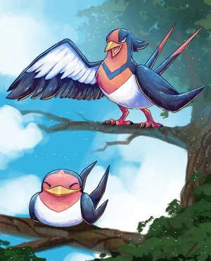 Taillow And Swellow Tree Branch Wallpaper