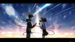 Taki And Mitsuha Look On In Wonder At The Red String Of Fate Connecting Their Souls Wallpaper