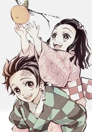 Tanjiro And Nezuko Getting Fruit Wallpaper