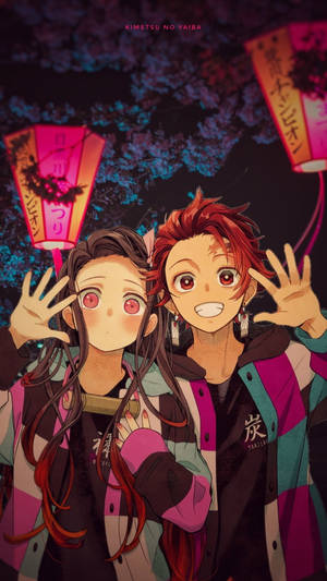 Tanjiro And Nezuko Happy Wave Wallpaper