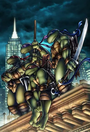 Teenage Mutant Ninja Turtles Comic Book With Skyscrapers Wallpaper