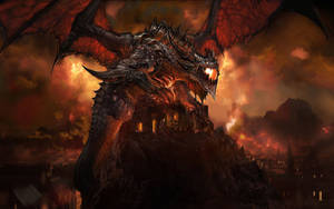 The Aspect Of Deathwing Descends Upon A Castle In World Of Warcraft Wallpaper