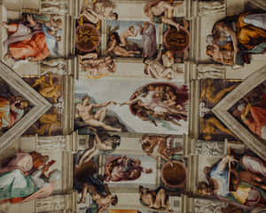 The Ceiling Of A Church With Many Paintings Wallpaper