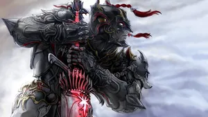 The Dark Knight Of Ffxiv Brandishing His Fearsome Sword Under A Moonlit Sky. Wallpaper