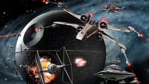 The Death Star Ii Looms Over A Star Destroyer In Deep Space. Wallpaper