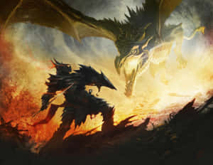 The Dragonborn, Equipped With Legendary Armor, Faces A Fearsome Dragon In The Vast Landscape Of Skyrim. Wallpaper