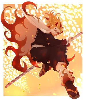 The Fugitive Warrior Kyojuro Rengoku Strikes A Fearless Pose. Wallpaper