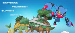 The Power Duo: Toxicroak And Torterra, Evolution Of Turtwig To Grotle Against A Dreamy Blue Backdrop. Wallpaper