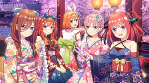 The Quintessential Nakano Sisters Wearing Trendy Kimono Wallpaper