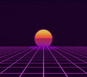 The Sky Reflects An Orange, Red, And Yellow Hue As The Sun Sets Over A Dreamy Retro Landscape. Wallpaper