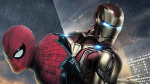 The Superhero Duo Spider Man And Iron Man Protect The City Together Wallpaper