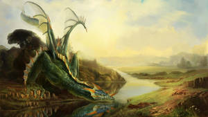 Thirsty Green Dragon Drinking Wallpaper