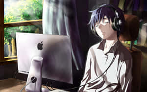 Thoughtful Anime Boy Working At His Computer Wallpaper