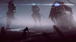 Three Giant Dark Samurai In Lake Wallpaper