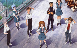 Three Kids In School Uniforms, Ready To Fight Against The Angels In Neon Genesis Evangelion Wallpaper