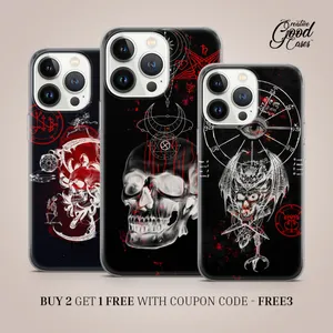 Three Phone Cases With Skulls And Devils On Them Wallpaper