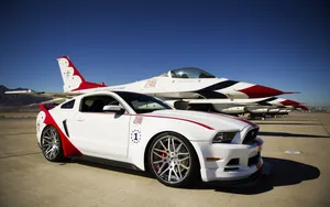 Thunderbird Plane Beside Ford Mustang Hd Wallpaper