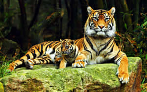 Tigerand Cub Restingon Rock Wallpaper