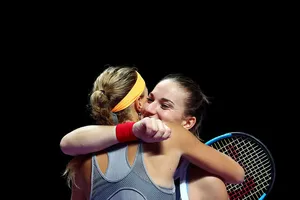 Timea Babos Hugging Partner Wallpaper