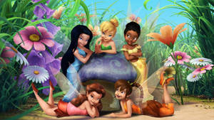 Tinkerbell And Friends On Mushroom Wallpaper