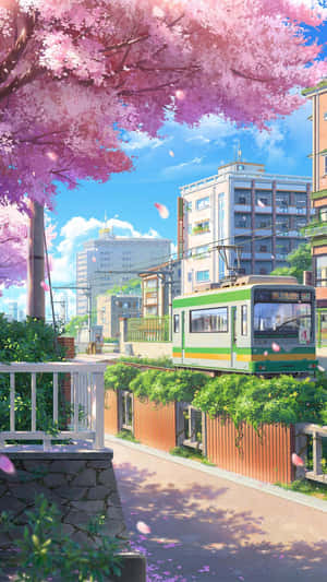 Tokyo Anime City With Cherry Blossom Tree Wallpaper