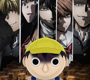 Tomodachi Game Charactersand Gold Coins Wallpaper