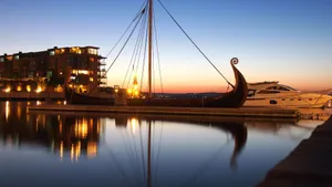 Tonsberg Waterfront Dusk Viking Ship Wallpaper