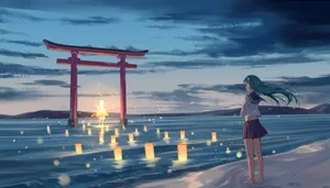 Torii Sunset Beach Girl Aesthetic Wallpaper