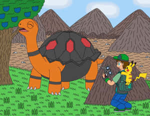 Torkoal With Trainer And Pikachu Wallpaper