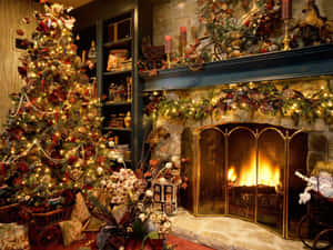 Traditional Christmas Decorwith Fireplace Wallpaper